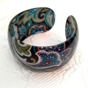 Wide Acrylic Bangle Cuff with Blue And Green Paisley Pattern